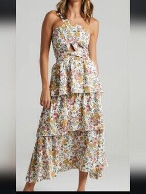 Reverse One-Shoulder Floral Tiered Maxi Dress in White, Pink & Mustard